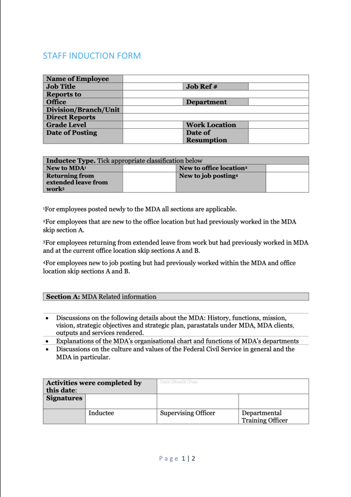 MDA New Staff Induction Form